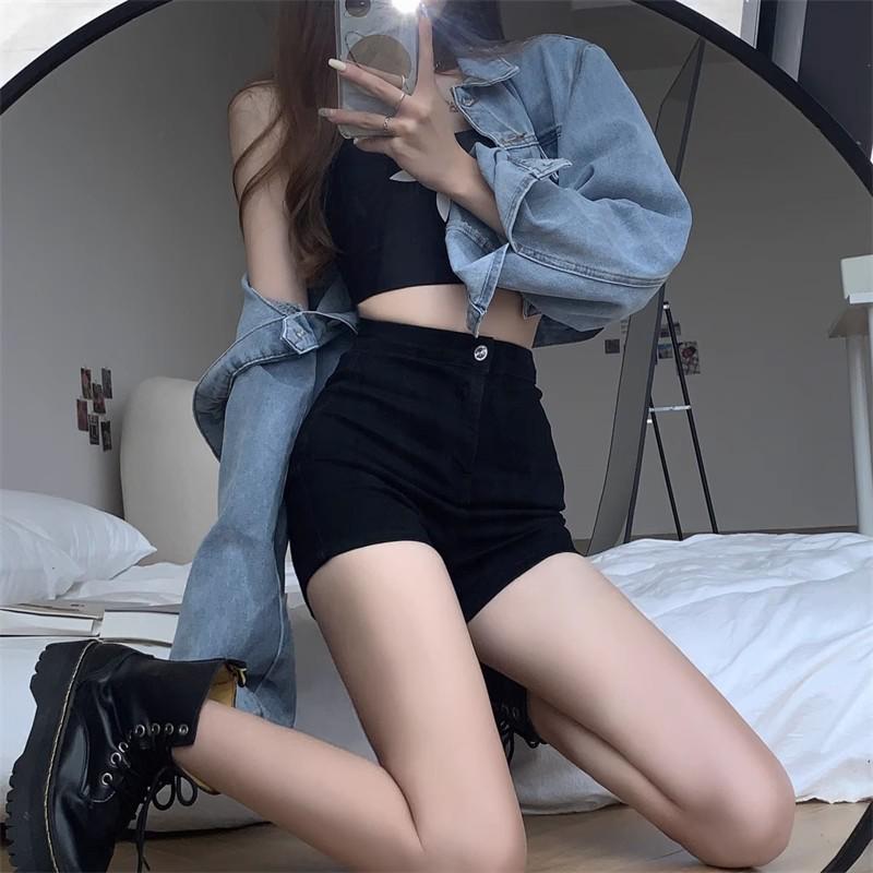 Hong Kong Style High-Waisted Black Denim Shorts for Women - Slimming Summer Super Short Pants