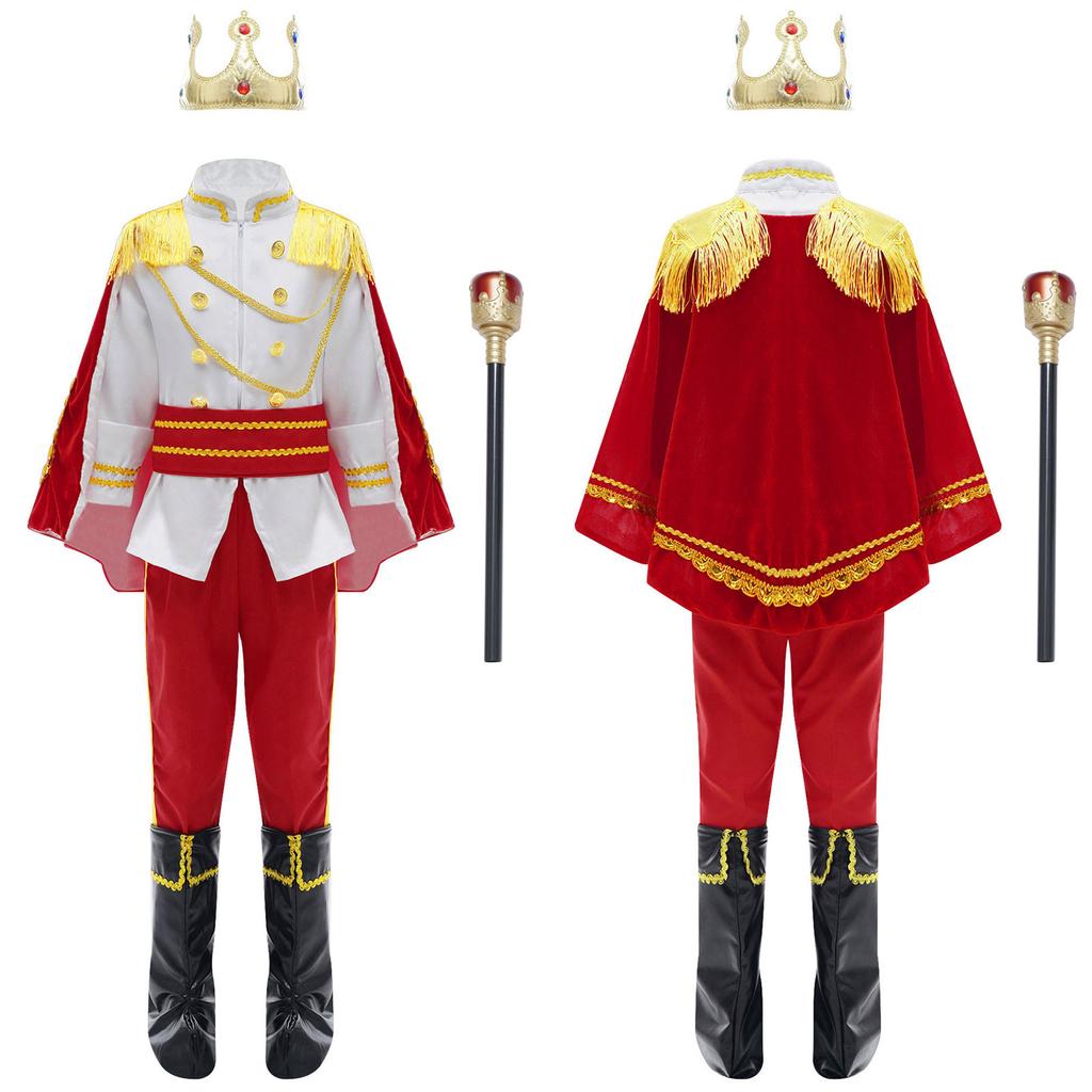 Jungen Prinz König Cosplay Kostüm Komplettset Krone Zepter Reißverschluss Jacke Umhang Hose Schuhe Halloween
