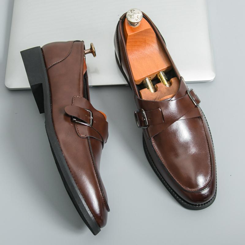 Fashion New Men's Pointed Patent Leather Formal Shoes Male Monk Strap Loafers Wedding Prom Homecoming Flats Sapato Social Masculino