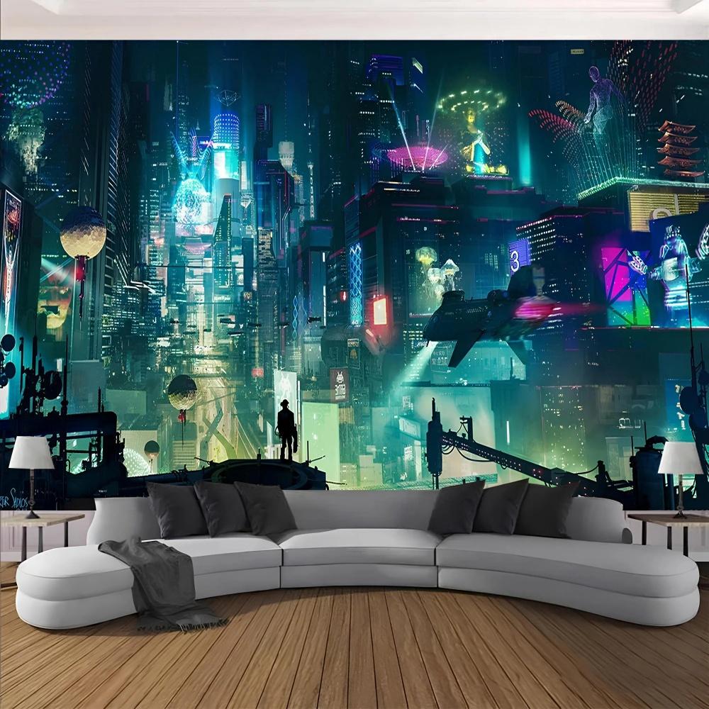 Cyberpunk Night City View Neon Lights Wall Tapestry Anime Wall Hanging Decor Cyberpunk Landscape City Sky Line Tapestry 74x94cm(29x37in)