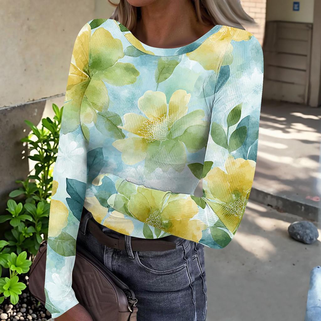 Women Casual Crew Neck Long Sleeve Ribbed Top with All Over Floral Print Lightweight Pullover Blouse for Daily Wear