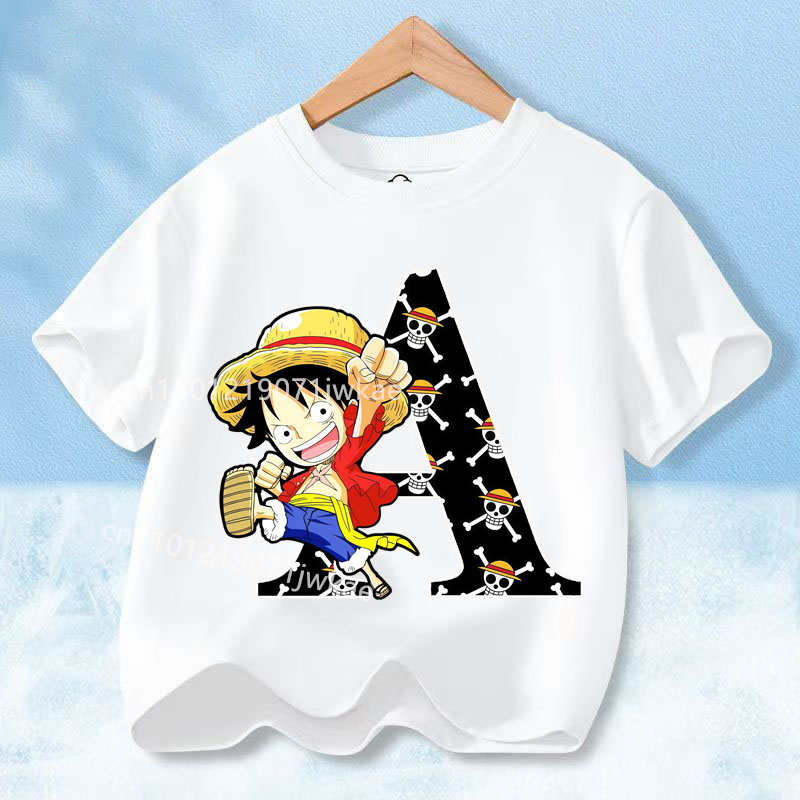 2026 New One Piece Letter A-Z Anime Luffy Gear  Cartoon Graphic Cotton T-shirt for Children Summer Sports Tees Casual Kids Tops