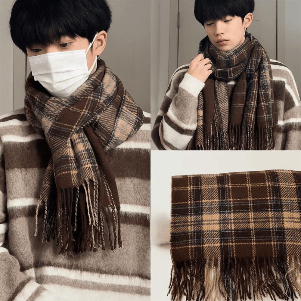 Plush Winter Cashmere Scarves Tassel Long Shawl Simple Plaid Wool Scarf Student