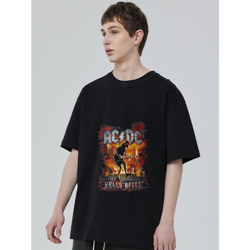 Black T Shirt Ac Dc Hells Bells Band Logo Graphic Print Unisex Casual Streetwear Top for Men and Women Music Festival Outfit