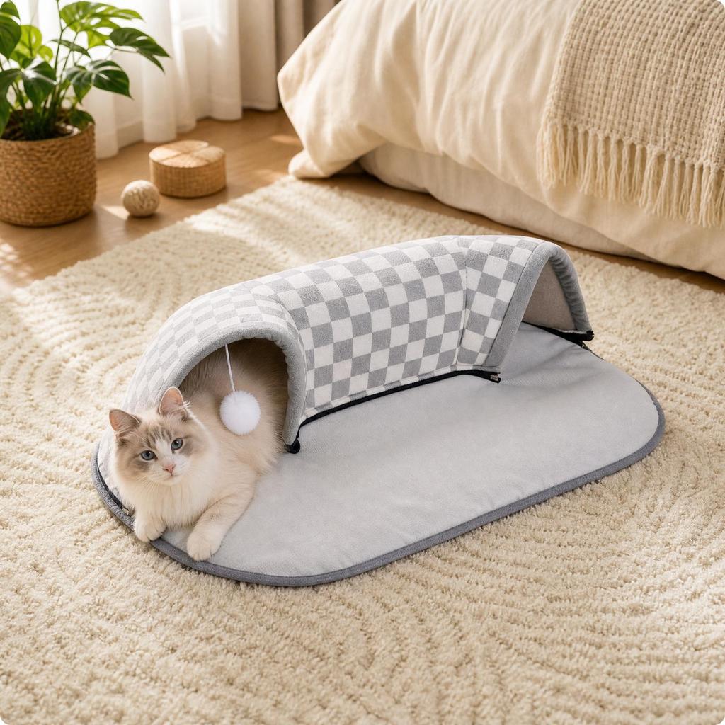 Cat Tunnel Bed with Fringe Ball Toy Cozy Oval Padded for Home