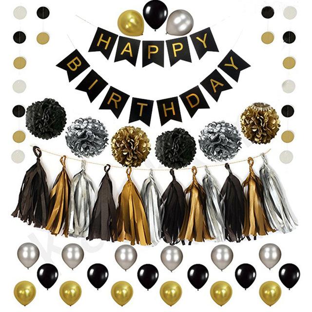 Birthday Party Decoration Set Black Gold Theme Birthday Arrangement Rain Curtain Flag Party Decoration Balloon