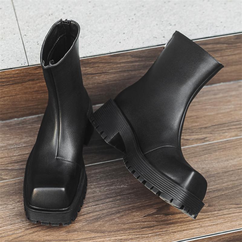 Fashion Men's Trendy Chunky Boots Mens Leather Short Ankle Chelsea Boot Fashion Square toe Thick Sole Heightened Shoes for Men