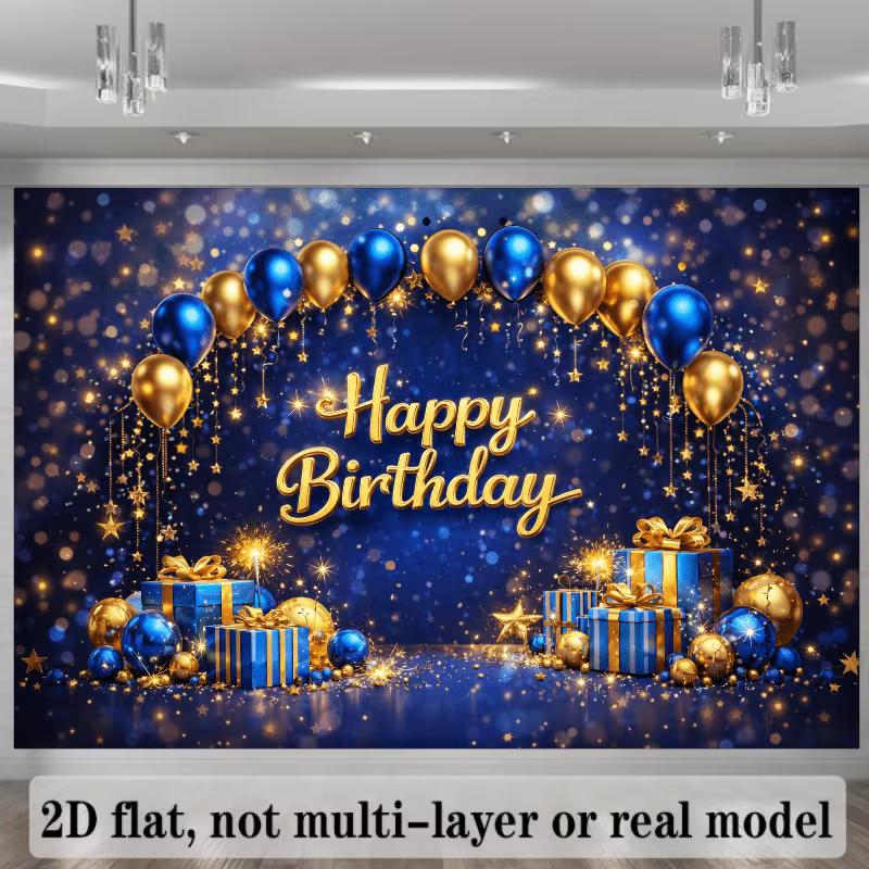 2D Blue Gold Sparkle Birthday Backdrop Banner Men Boys Happy Birthday Party Decor Background