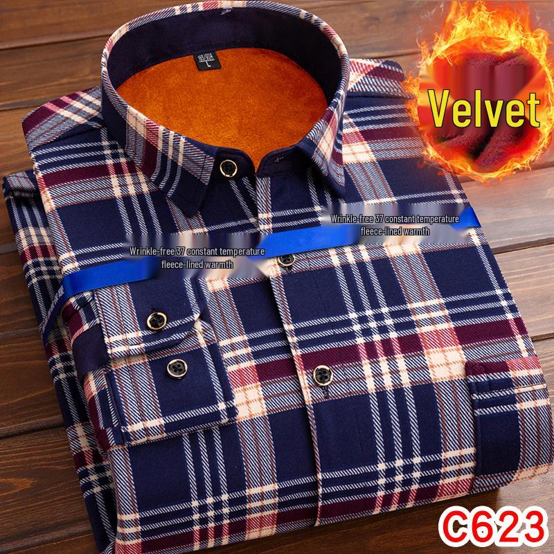 Men's Retro Plaid Fleece-lined Winter Shirt - Thick, Warm, Long-sleeved Casual Top for Middle-aged and Elderly