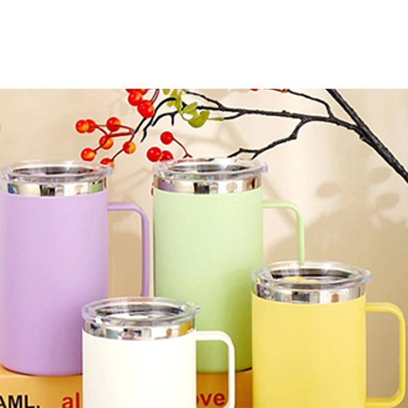 Stainless Steel Water Bottle Protable with Plastic Lid and Handle Double Layers Coffee Milk Cup Insulated Vacuum for Office Work