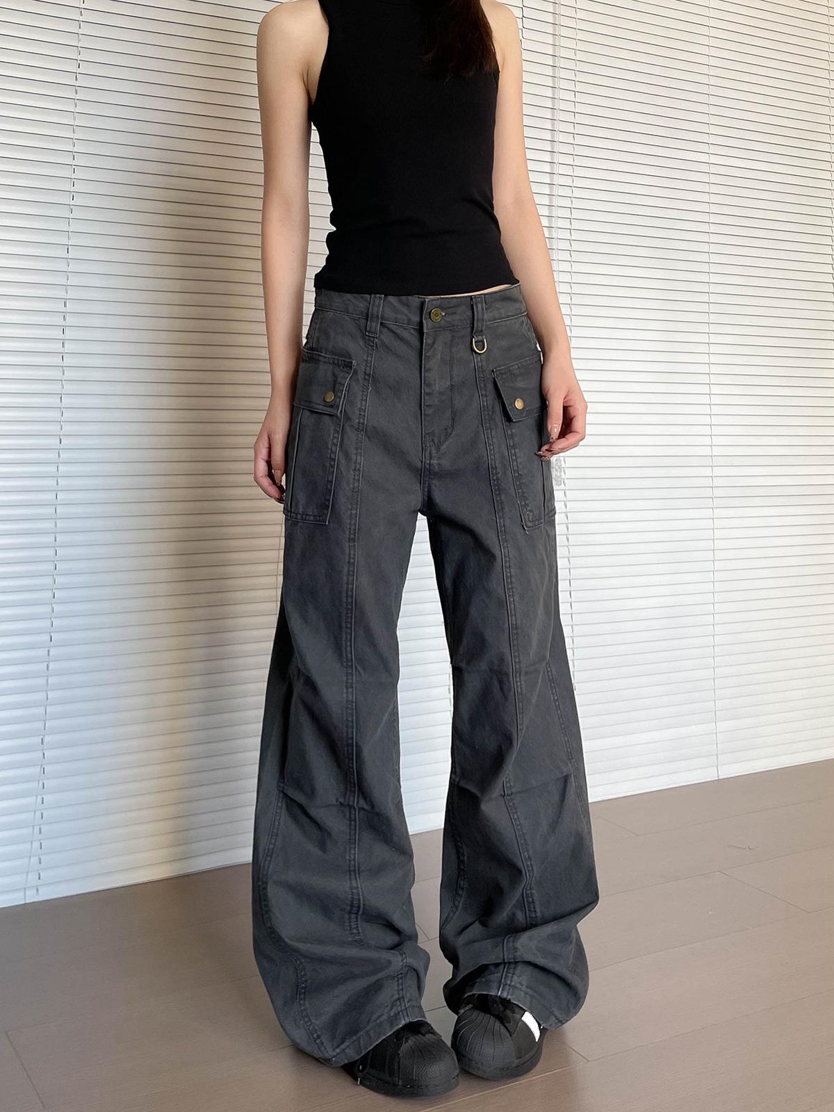 

Unisex Washed Retro Cargo Pants: Slimming, Versatile Flare Leg M серый