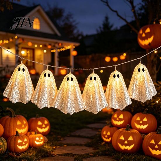 Spooky Hanging Ornaments Halloween Glowing Ghost Decor, Light Up Ornament for Party Holiday Decor Scene, Indoor Outdoor Wall Window Decoration,