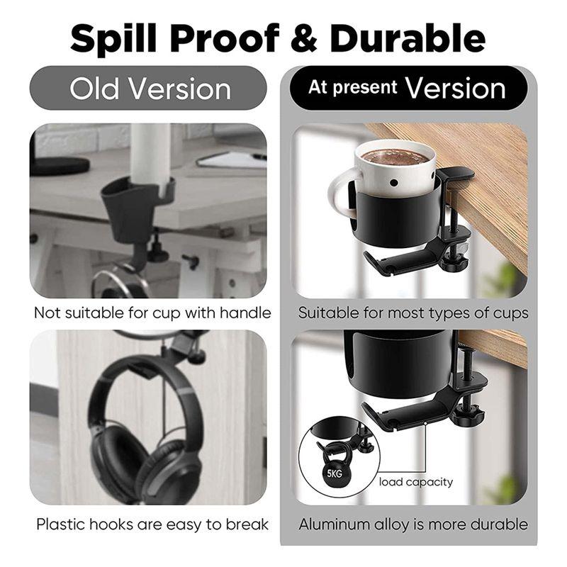 A84E-2 In 1 Desk Cup Holder With Headphone Hanger Spill Resistant Cup Holder For Desktop Coffee Cup/Bottle/Earphone
