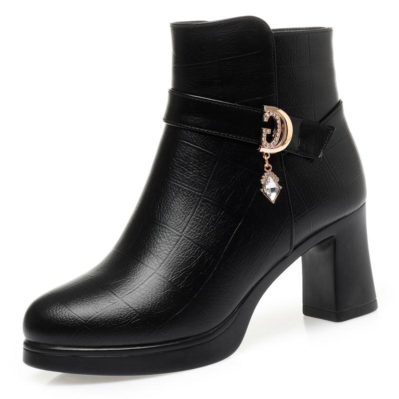 Women's High Heel Winter Boots - Waterproof Leather, Thick Platform, Plus Velvet Fashion Design