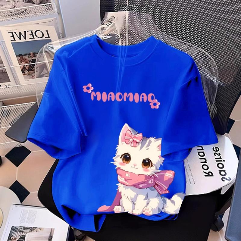T-shirt Stampata con Grafica di Gatto Cartone Animato per Ragazza Estiva Casual da Donna per Bambini a Maniche Corte Abbigliamento
