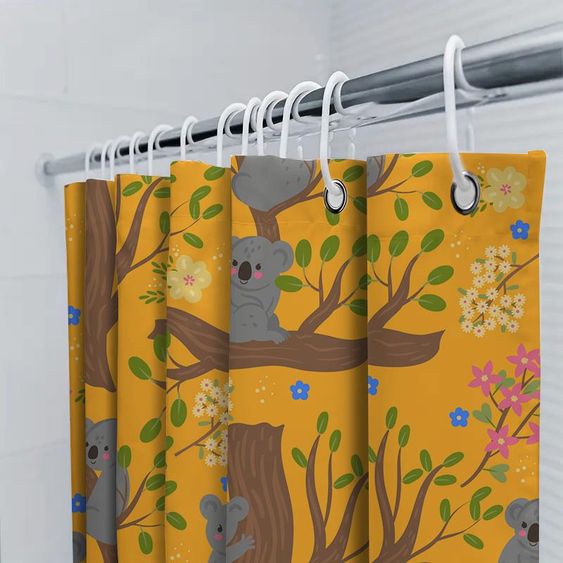 Koala Tree Branch Shower Curtain Fabric Waterproof Bathroom Decoration For Kids Room In Yellow Color With Flowers Design 128-Cha