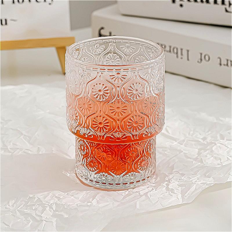 2pcs 200ml Coffee Cup Sunflower Pattern Glass Cup Vintage Wine Glass Transparent Cold Drink Cup Whiskey Glass Bar Accessories