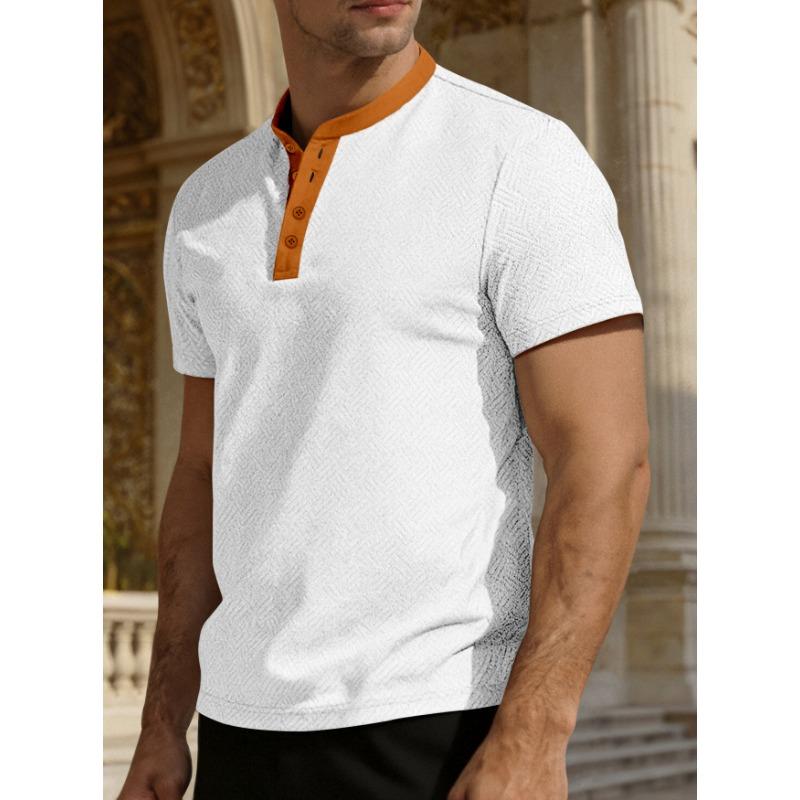 Mens Herringbone Print Henley T Shirt Casual Contrast Collar Short Sleeve Top S белый
