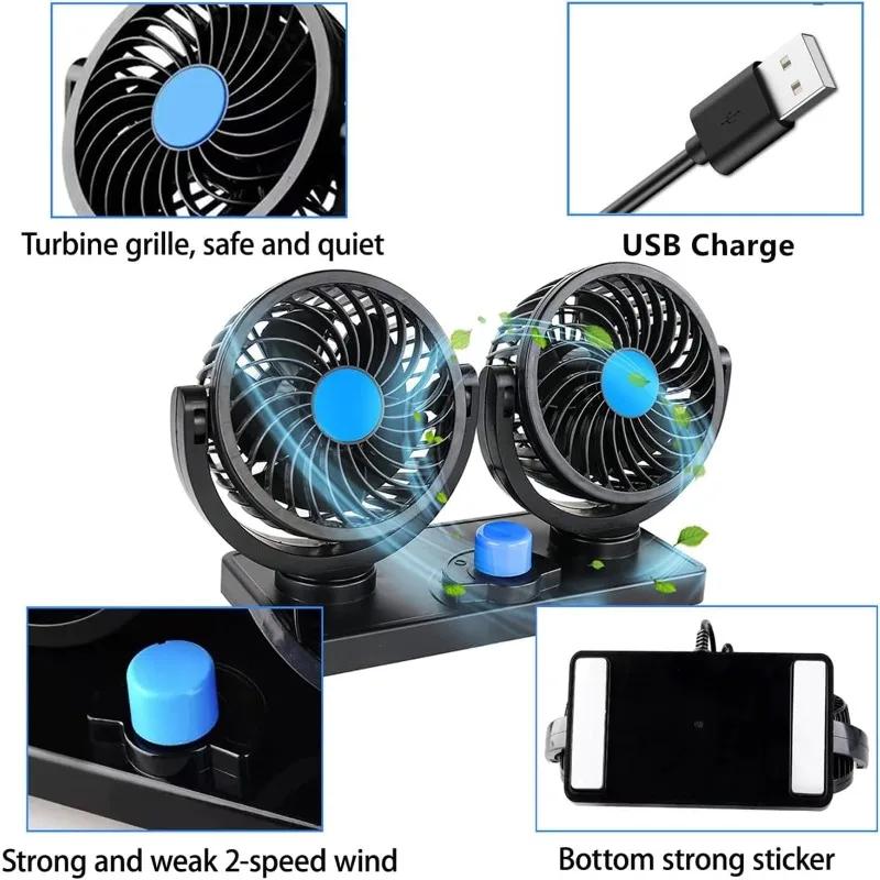 Rapid Cooling Dual Car Fan USB Powered 360° Adjustable Heads Turbo Airflow for SUV Sedan Truck RV Boat Vehicles Vent Blower