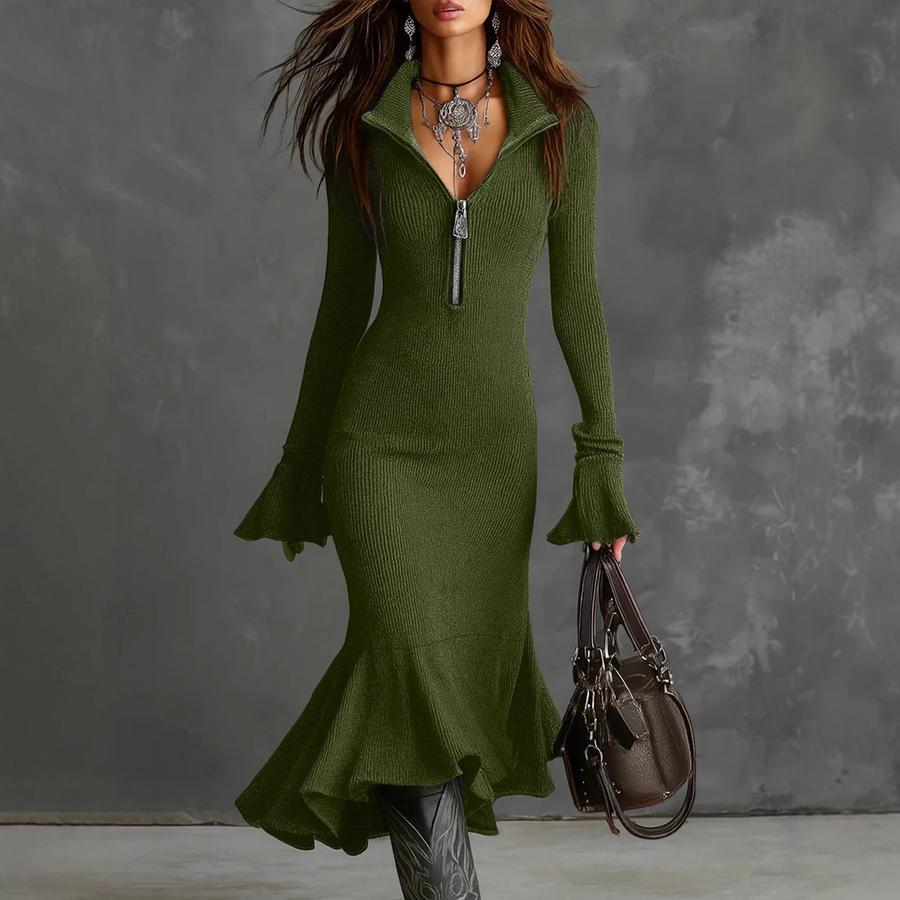 Autumn Fashion New Elegant Style Zipper Stand Collar Bell Sleeve Knit Mermaid Tail Dress