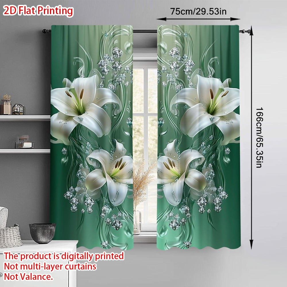 2Pcs Everyday Elegant Jade Lily Print Curtains With Rod Pocket – For Bedroom, Kitchen, Office & Living Room