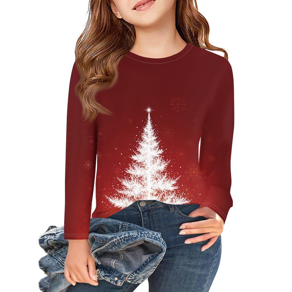 Christmas Day Girls Long Sleeve T Shirts Kids Fall Tops Crewneck Printed Basic Tees