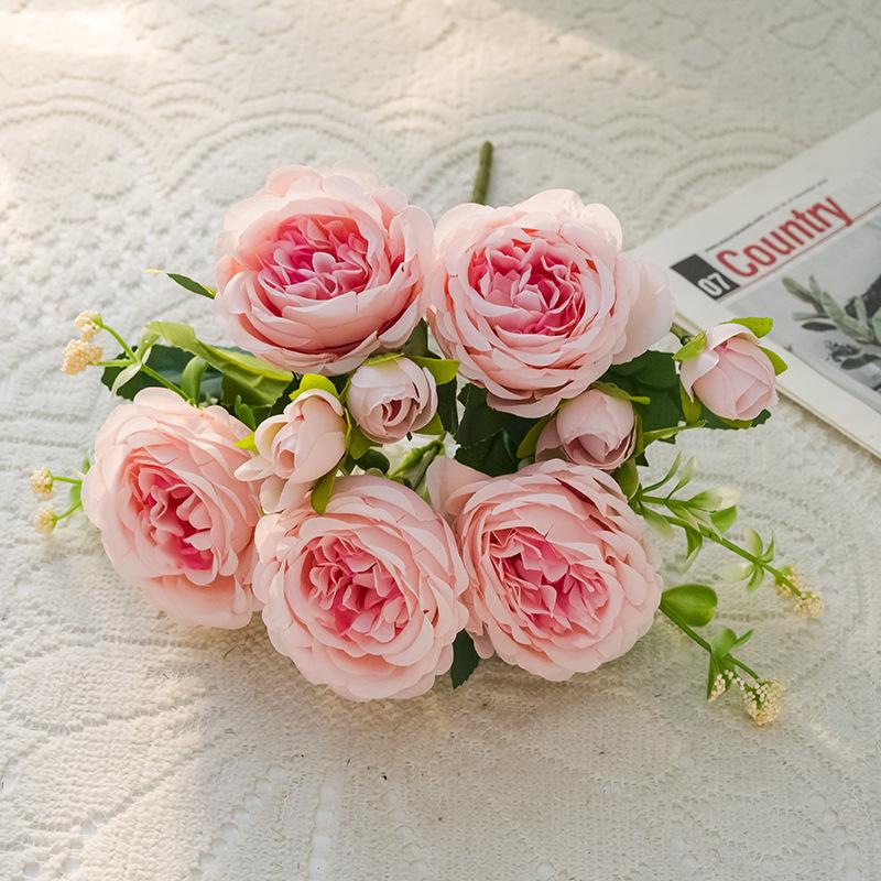 

2/10pcs 30cm Rose Pink Silk Bouquet Peony Artificial Flower 5 Big Head 4 Small Bud Bride Wedding Home Decoration Artifi 2pcs