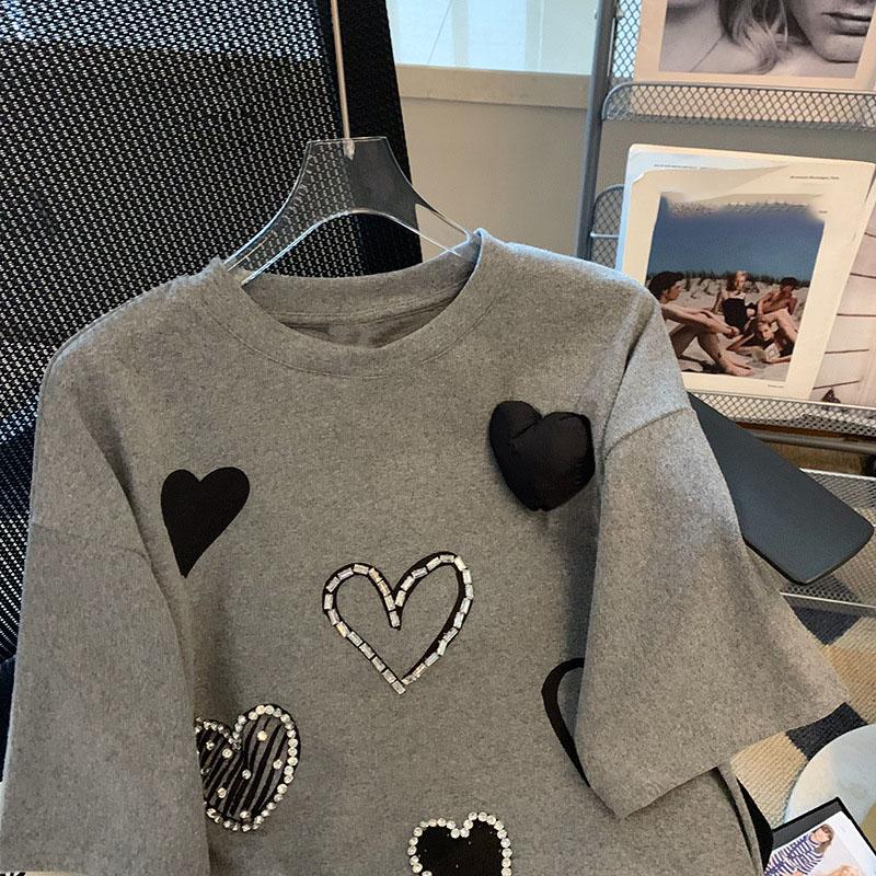 Summer Women's Fashion Heart Print Round Neck Short Sleeve T-shirt