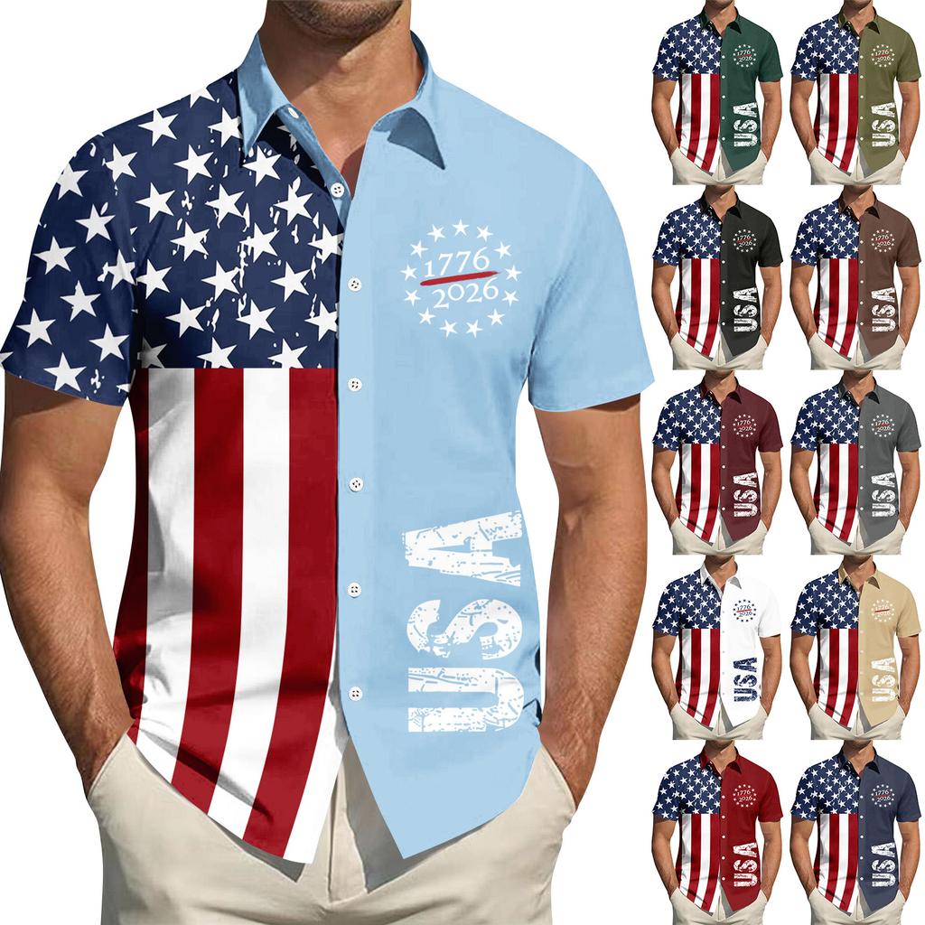 Camisa de manga corta casual deportiva para hombre con estampado del Día de la Independencia y cuello