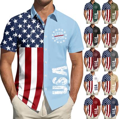 Camisa de manga corta casual deportiva para hombre con estampado del Día de la Independencia y cuello
