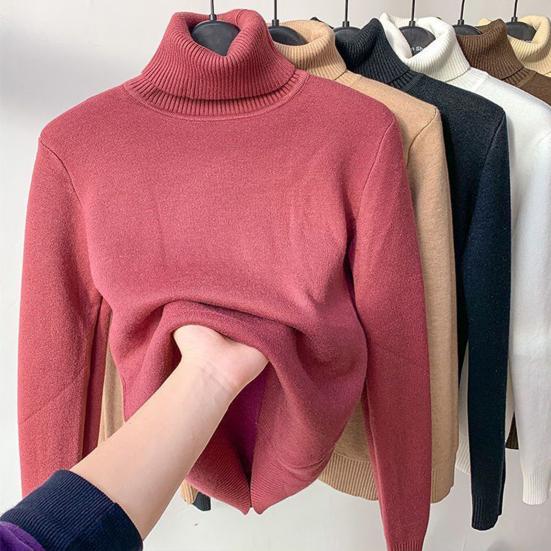 Knitting Tops Women Long Sleeve Turtleneck Sweater Solid Color Thickened Fleece Lined Autumn Winter Knitwear