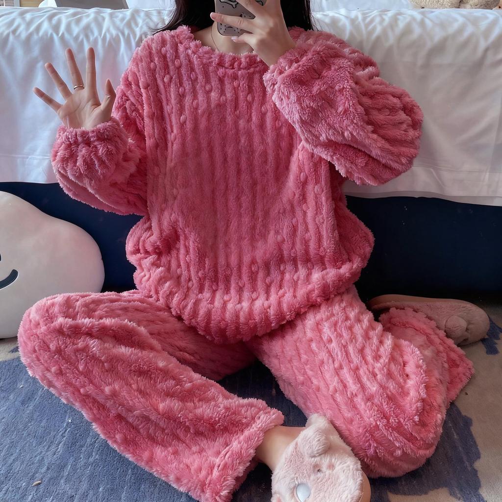 Women's Cute Cartoon Round Neck Flannel Pajamas - Warm Striped Coral Fleece Homewear Set for Autumn and Winter