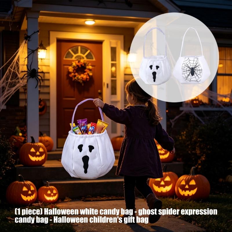 Classroom Halloween Bag White Fabric Candy Gift Bag with Carry Handle 22 x 13 cm for Holiday Treat Use at School