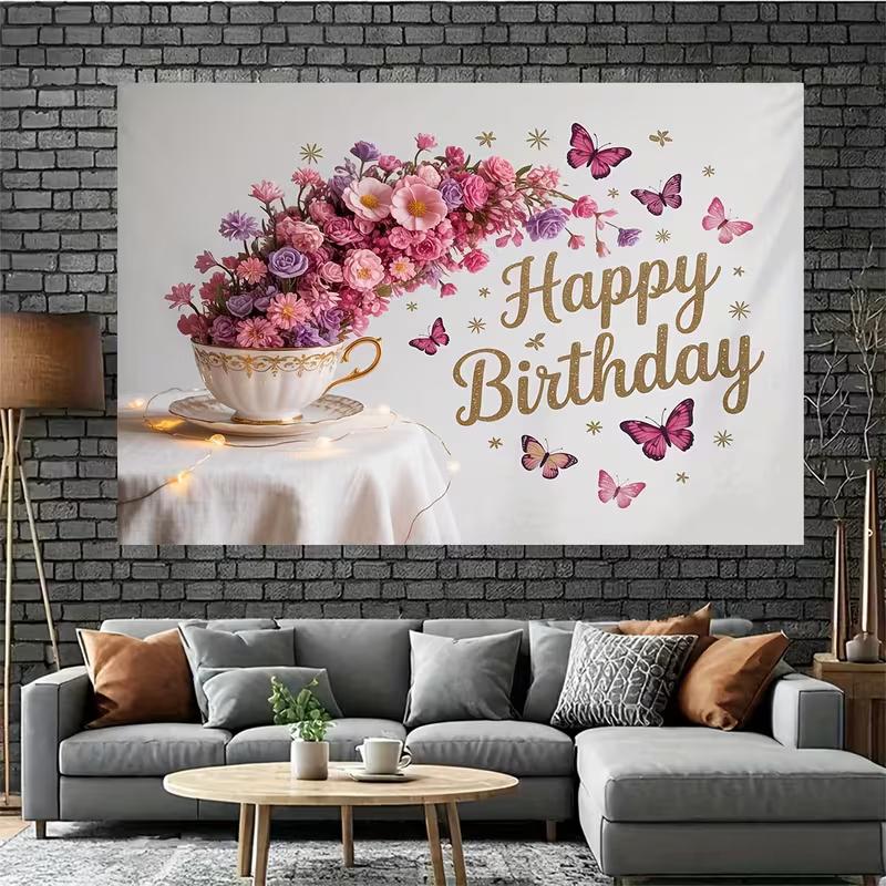 2D Pink Floral Butterfly Birthday Backdrop Elegant Teacup Flower Background for Girls