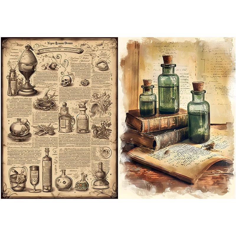 Retro Botanical Lab Material Paper: 10 Sheets of Flowers, Plants, Bottles Aged Pattern Decor