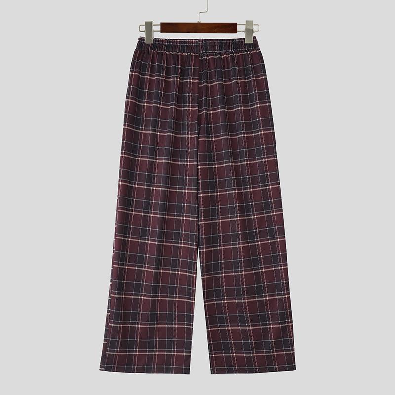 INCERUN Men Casual Loose Elastic Waist Plaid Print Wide Legs Pants Long Trousers