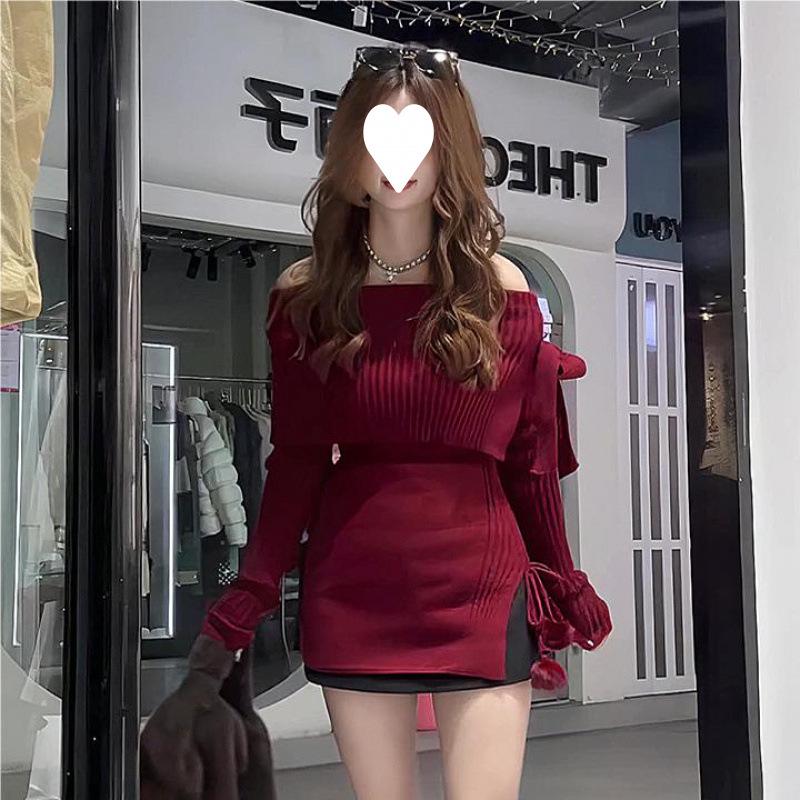 Korean Style Off-Shoulder Bowknot Knit Top – Women's Slim Fit Autumn Sweater