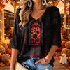 Women's V-Neck Three-Quarter Sleeve Casual Top with Halloween Print for Holiday Parties and Everyday Wear
