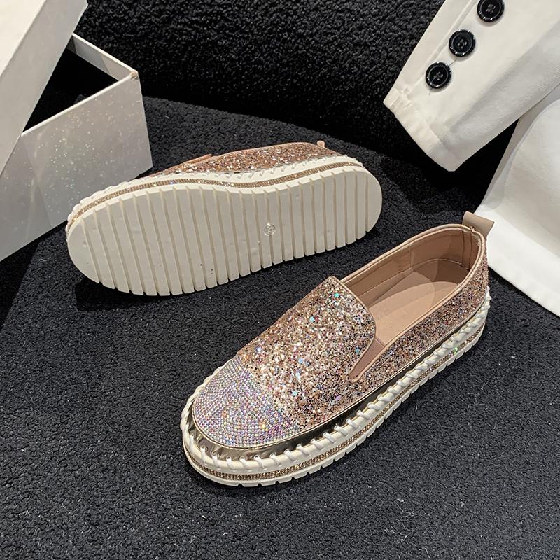 Aphixta 3cm Platform Crystals Round Toe Leather Flats Shoes Women Silver Bling Loafers Shoes Woman Flat With Students Size 43