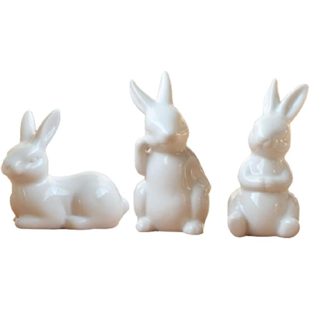 Happyyami Garden Bunny Figurines Landscape Bunnies Decoration 3Pcs Ceramic Bunny Rabbit Figurine Easter White Bunny Figurines Mini Tabletop Rabbit
