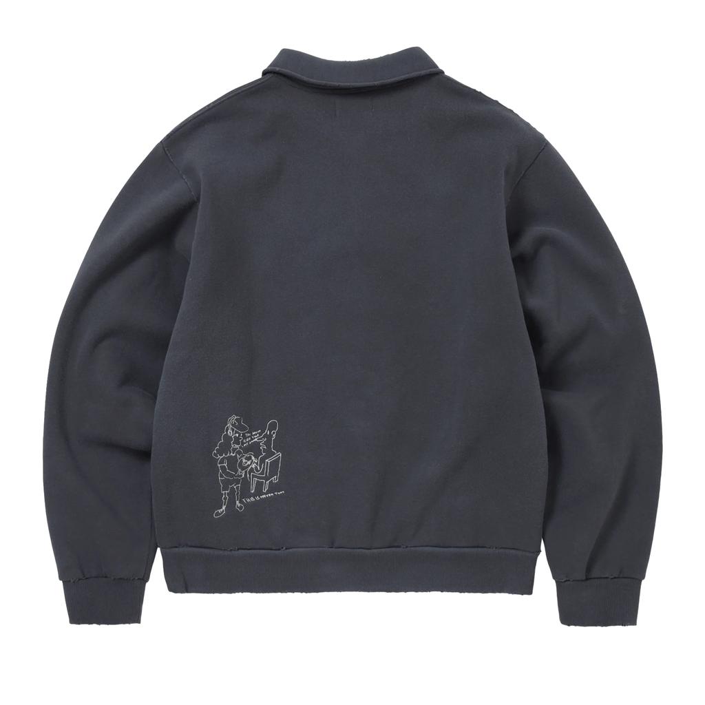 Thisisneverthat × Daniel Johnston Collaboration FW25 H.Y.L.A. Half Zip Sweatshirt Faded Navy Embroidered Loose Fit Long Sleeve Polo DN253TSWHA01-FNA