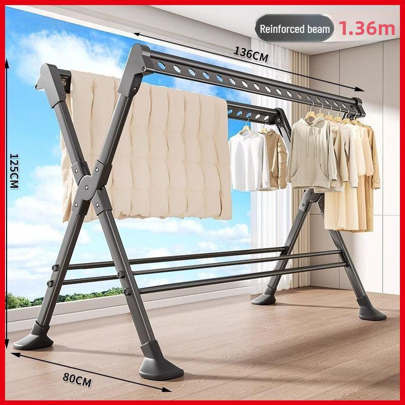 Thickened Aluminum Waterproof Clothes Drying Rod Balcony Retractable Clothes Hanger Household Floor-standing Clothes Drying Rack