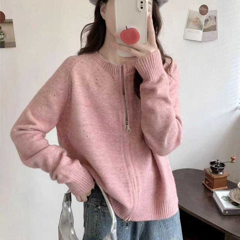 Double Zipper Autumn and Winter Knitted Cardigan Women's Lazy Soft Waxy Crew Neck Knitted Sweater New Long-sleeved Sweater Jacket Women