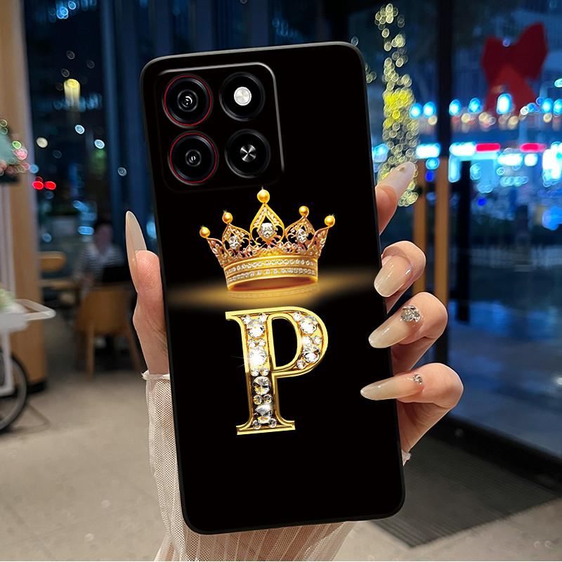 

Cool Lucky A-Z Letter Phone Case For ZTE Blade A35/A55 Soft Silicone Black Case Shockproof Luxurious Glitter Crown Shell ZTE Blade A55