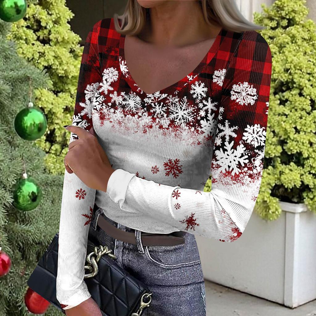 Women's Winter Slim-Fit Base Layer T-Shirt Fashionable Christmas Print V-Neck Pullover Long-Sleeved Top