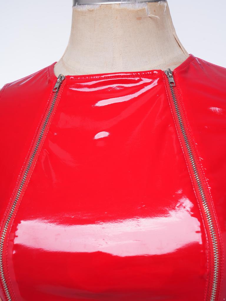 Ladies Glossy PU Leather Crop Top S-3XL Front Double Zippers Sleeveless Slim Tank Top for Club Rave Party Nightwear