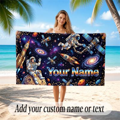 Astronaut Space Theme Quick Dry Beach Towel Custom Name Text Print Large Sand Resistant Towel Beach Vacation