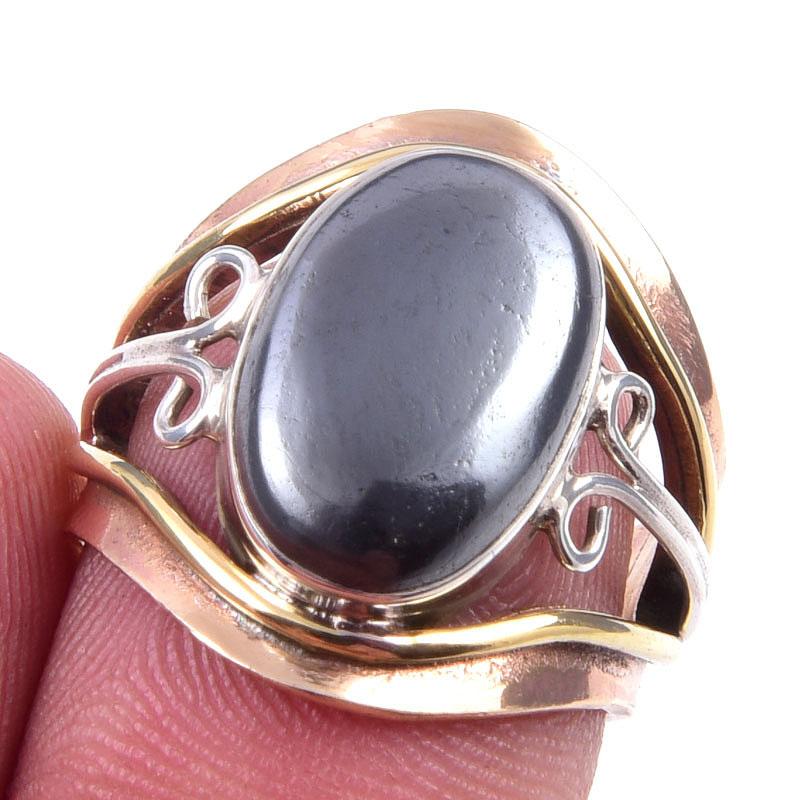 

Natural Gunmetal Gemstone Handmade 925 Sterling Silver Two Tone Ring S.5.5 J7n37