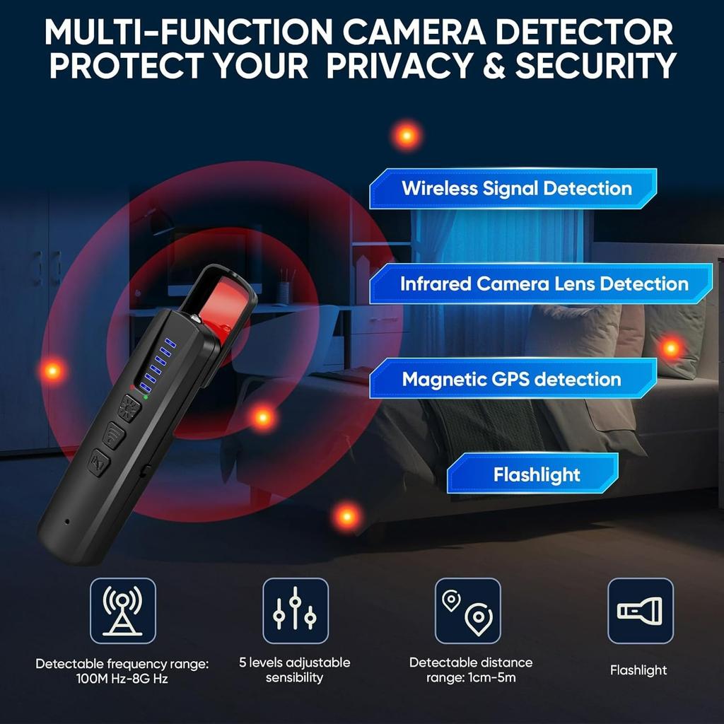 Versteckte Kamera Detektor, Anti-Spionage Kamera Finder RF Signal & WiFi Scanner Versteckte Geräte Detektor für GPS Tracker, 4 Modi für Hotel, Badezimmer, Büro