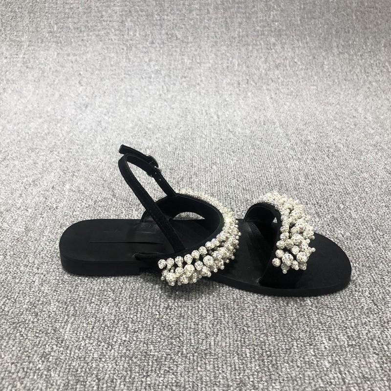 European Station 2025 Summer New European Women's Shoes Pearl Sandals One-word Buckle with Beaded Open-toed Flat Sandals Women